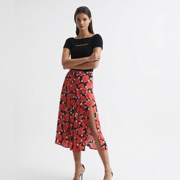 REISS Kolbie Floral Printed Slip Skirt in Coral Size Women's 10 - Picture 2 of 8